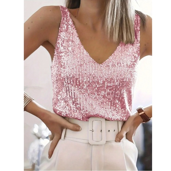 All Over Sequin Pink V-Neck Cami Top - Picture 1 of 5